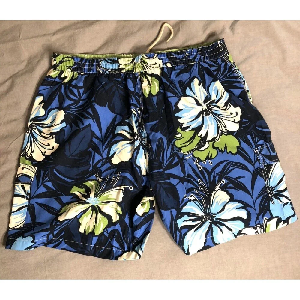 Caribbean Joe Swim Trunks Board Shorts Floral Hibiscus Blue Green Elastic XL
